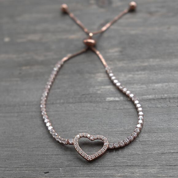 925 Sterling Silver Heart Bracelet Rose Gold Plated Adjustable Crystals Dainty - Picture 1 of 6